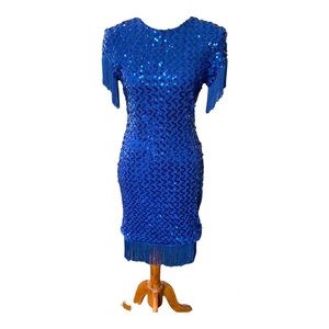 Vintage Royal Blue Sequin Fringe Eras Tour Inspired Party Mini Dress